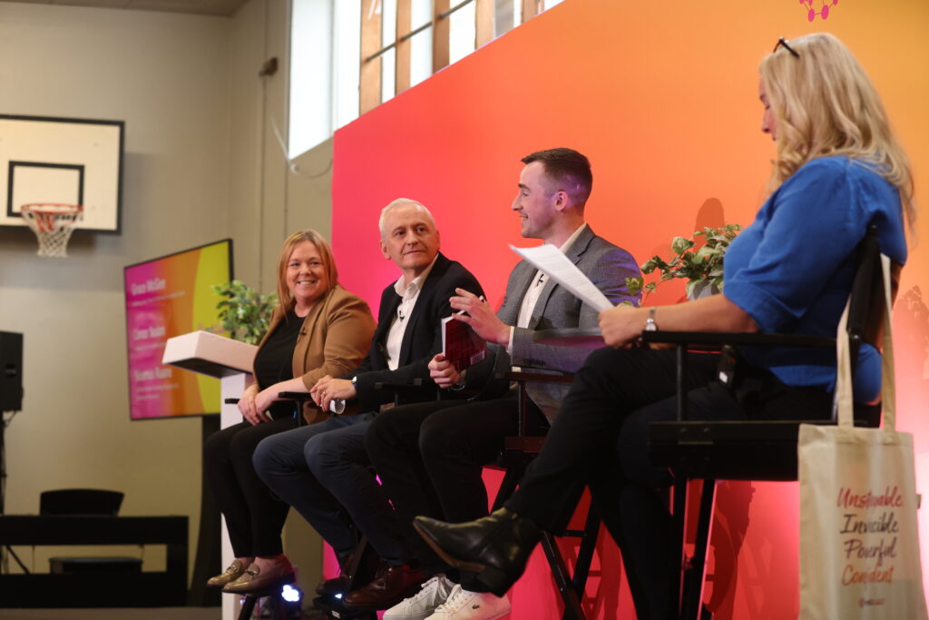 Wellbeing Couch Session participants at mdeducational foundation Ireland launch event: Séamus Ruane – Founder of iThrive Academy, Certified Positive Psychology Practitioner & Community Pharmacist Conor Nolan - Software Engineer, Author & Public Speaker Grace McGee - the school's newly appointed Wellbeing Lead