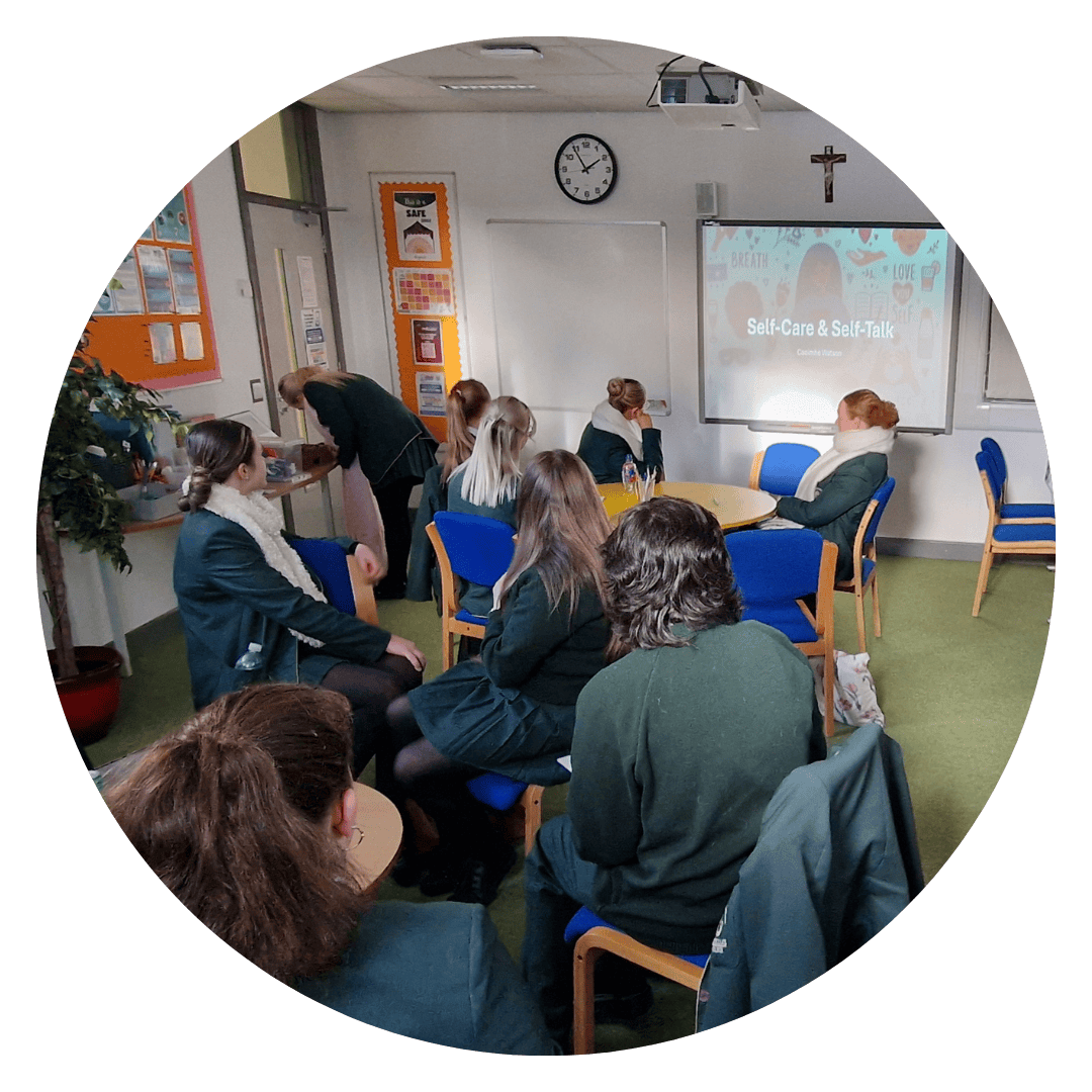 Students participating in a Self-Care & Self-Talk wellbeing workshop at the Wellbeing Hub