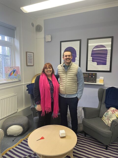 mdeducational foundation Ambassador, James Sweeney, visiting one of our Wellbeing Leads, Grace McGee, at Mount St Michael Secondary School in Ireland
